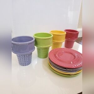 8pc Monkey & the Peddler Ice Cream Cone & Saucers Ceramic Set Pastel 2005.